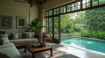 A living room with a pool and a large window