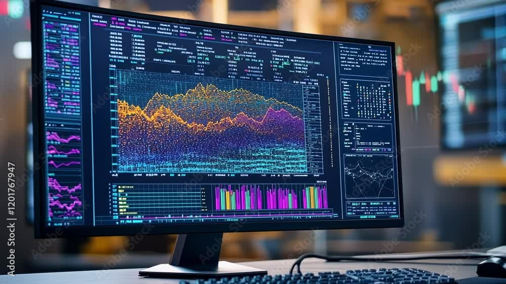 Poster complex financial data analysis software running on a computer screen, showing dynamic charts and gr