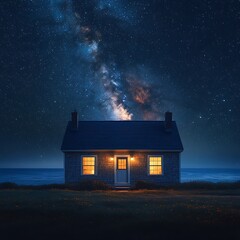 Fototapeta premium Cozy Cottage Beneath the Starry Night Sky