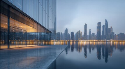 Obraz premium Modern glass building reflecting in calm water at dawn.