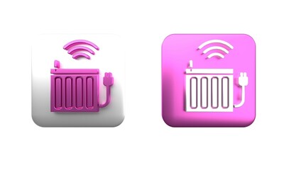 Colorful Smart heating radiator system icon isolated on white background. Internet of things concept with wireless connection. Square button. 3D render illustration