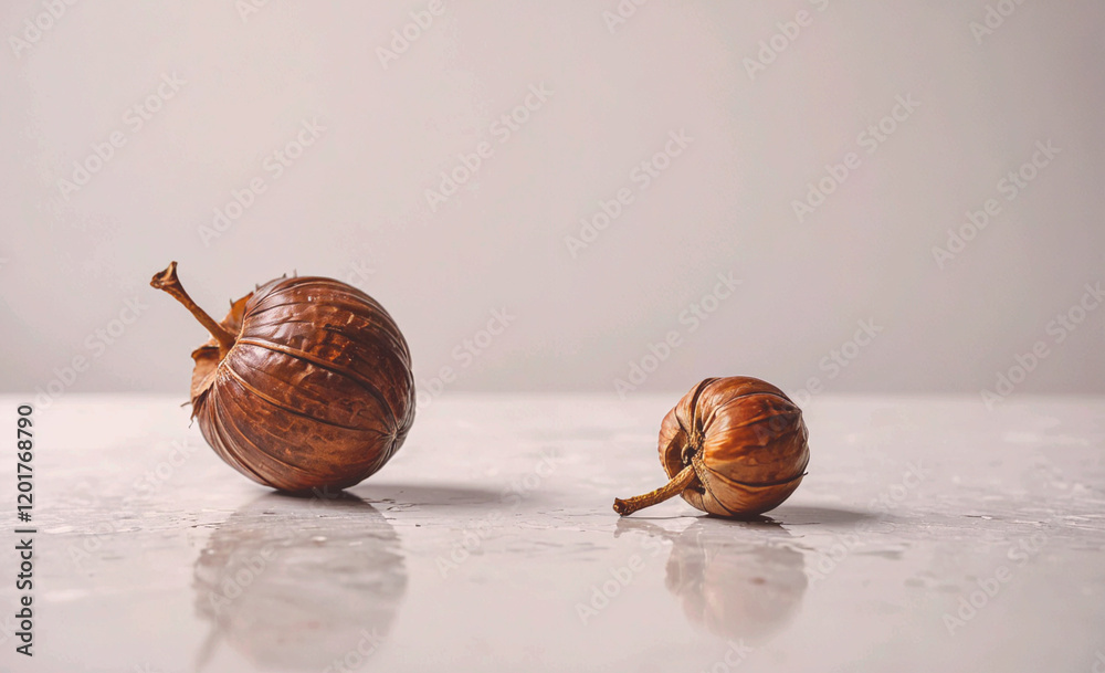 Poster two small brown fruits are placed on a white surface. the fruits are not ripe and have a slightly bi