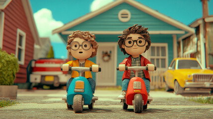 Relationship Claymation style, Two claymation characters enjoy a fun ride on scooters, depicted in a high-fidelity image showcasing friendship and playful adventure.