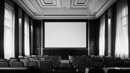 Modern Conference Room with Empty Seating and Projection Screen.