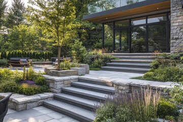 Modern backyard patio with stone steps leading to glass-walled house