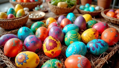 Obraz premium Traditional Hand-Painted Easter Eggs in Basket