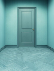 minimal interior with closed turquoise door and herringbone pattern floor in empty room with dramatic lighting