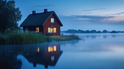 Fototapeta premium Lakeside cabin at twilight, reflecting lights on calm water.