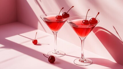 Refreshing cherry cocktails served in elegant glasses on a sunny afternoon with vibrant shadows