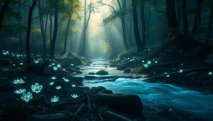 Fototapeta premium Enchanted Forest Stream Magical Landscape with Glowing Flowers