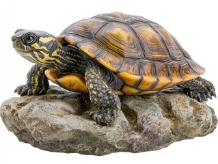 Obraz premium Turtle Resting on a Rock in a Natural Setting Amidst Lush Greenery and Calm Waters