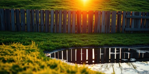 Obraz premium A wooden fence stands tall against a backdrop of lush green grass, reflecting in a small pool of water, illuminated by the warm glow of a setting sun.