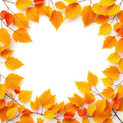 Border of yellow and orange leaves on white background with space for text, neutral backdrop, artistic layout