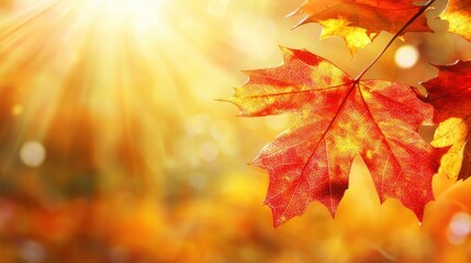 Fototapeta premium Vibrant red maple leaf basking in autumn sunlight.