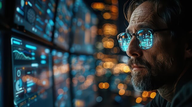 Close-up of a cybersecurity analyst monitoring network traffic and anomalies using AI-powered threat detection tools.