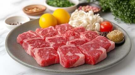 Fototapeta premium Raw Beef Cubes Prepared For Cooking With Sides