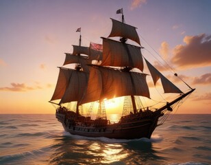 Fototapeta premium Caravel with sails half raised on the shore at sunset , waves, half