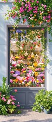 Charming flower shop window adorned with colorful bouquets and potted plants, shop, flower shop, potted plants, charming
