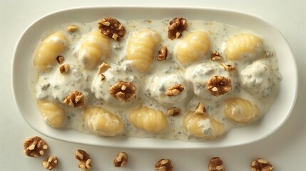Serving of gnocchi creamy Gorgonzola sauce arranged symmetrically walnut topdown perspective