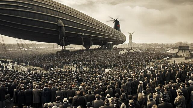 A Steampunk Airship Lands Among Victorian Crowds