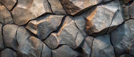 Fototapeta premium Close-up shot of a textured rock wall, displaying a mixture of large and small irregularly shaped rocks with rough, sculpted surfaces