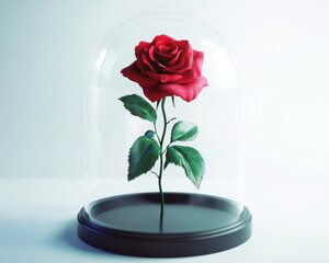 A stunning red rose encased in a glass dome, symbolizing beauty and preservation.