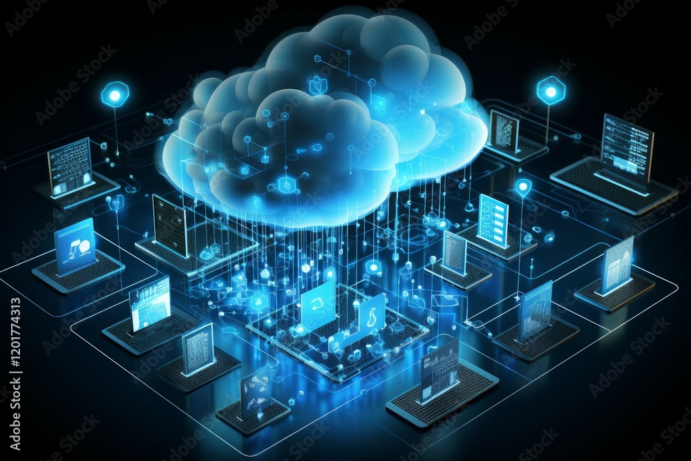 Fototapete Cloud computing network connecting multiple devices, sharing data securely and efficiently