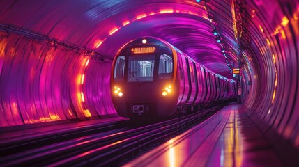 Modern subway train moving through futuristic tunnel with vibrant purple lighting