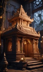 Naklejka premium Clay temple with intricate carvings and fairy lights , clay doll, indian