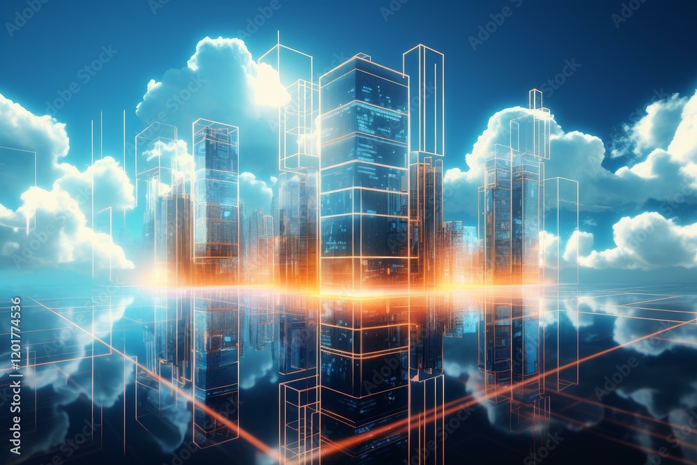 Poster digital city reflecting on water surface with cloud computing network and data processing