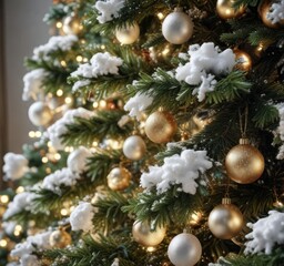 Close-up of a beautifully decorated Christmas tree covered in snow, winter scene, decoration close-up