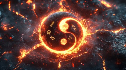 Obraz premium Ethereal glowing symbol surrounded by ancient markings and mystical elements in a dark, enchanting environment