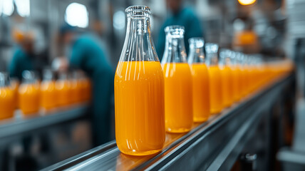 A production line of fresh orange juice in clear glass bottles.
