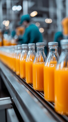 A production line of fresh orange juice in clear glass bottles.
