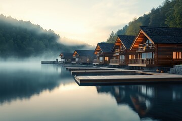 Obraz premium Luxury lakeside resort with a central dock