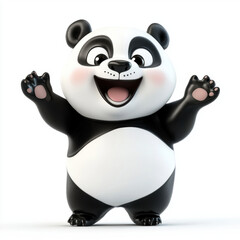 Naklejka premium Cute cartoon panda character with joyful expression, arms raised in excitement. This playful design features black and white color scheme, perfect for children illustrations or animations