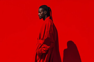 Showcasing Contemporary Fashion Against a Bold Red Backdrop During a Stylish Photoshoot