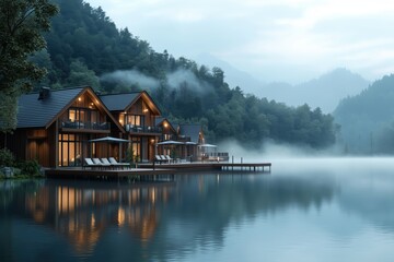 Obraz premium Lake reflections and misty hills in a luxury resort with wooden chalets