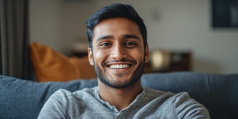 Smiling Indian Man with Beard Sitting on Couch