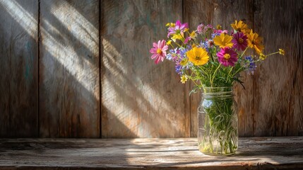 Colorful wildflowers in a mason jar on rustic wood.