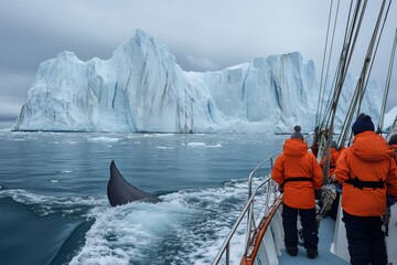 Naklejka premium Whale surfacing near sailboat with tourists observing iceberg in greenland