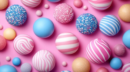 Fototapeta premium Colorful pastel spheres on pink background.