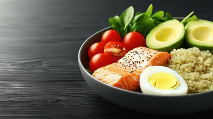 Close-up of salmon quinoa bowl with avocado and cherry tomatoes