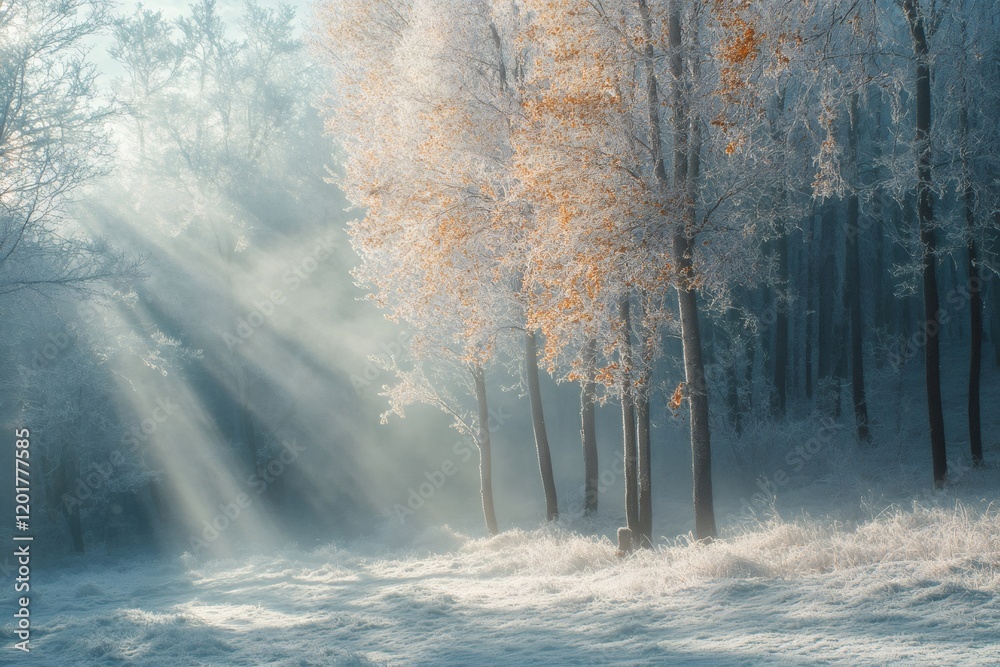 Poster sunbeams shining through frozen trees in a misty forest