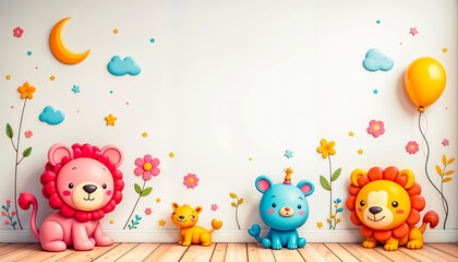 Fototapeta premium Minimalist kids room wall mural with pastel animal prints on white background creates a calm and playful atmosphere in the nursery