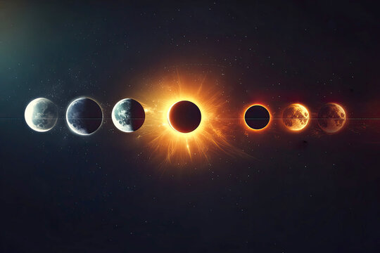 Solar eclipse and planetary alignment depicted in a cosmic scene showcasing the phases of celestial bodies