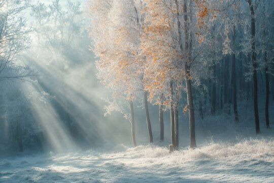 Sunbeams shining through frozen trees in a misty forest - Powered by Adobe