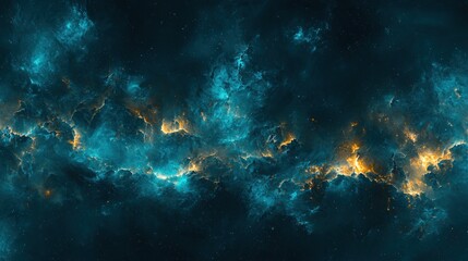 Obraz premium Cosmic Nebula with Teal Blue and Gold Hues Seamless Texture Background