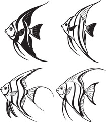 Naklejka premium A vector image in black and white displaying three different angelfish silhouettes, highlighting their graceful shapes