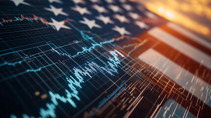 Virtual Financial Data on American Flag Background